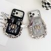Dior-Style iPhone 17 Pro Max Leather Case with Chain, Leather Strap and Card Holder Wallet – Magnetic Adsorption, Black & Gray