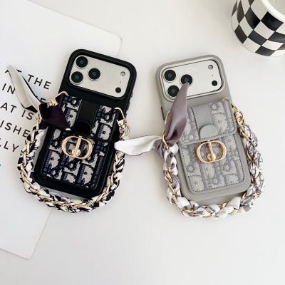 Dior-Style iPhone 17 Pro Max Leather Case with Chain, Leather Strap and Card Holder Wallet – Magnetic Adsorption, Black & Gray