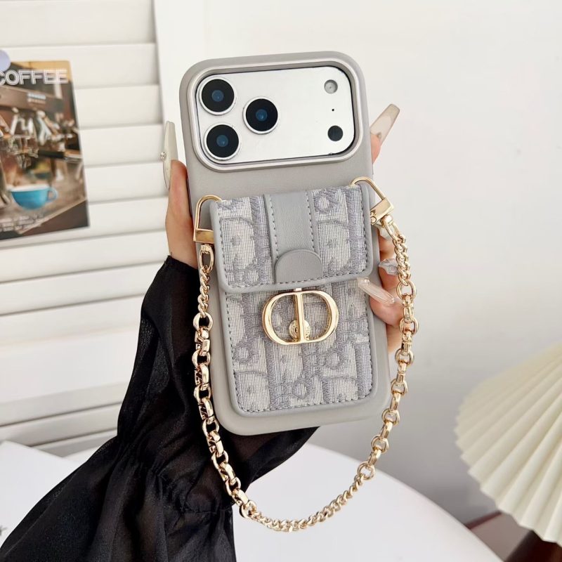Dior-Style iPhone 17 Pro Max Leather Case with Chain, Leather