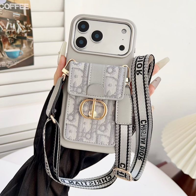Dior-Style iPhone 17 Pro Max Leather Case with Chain, Leather