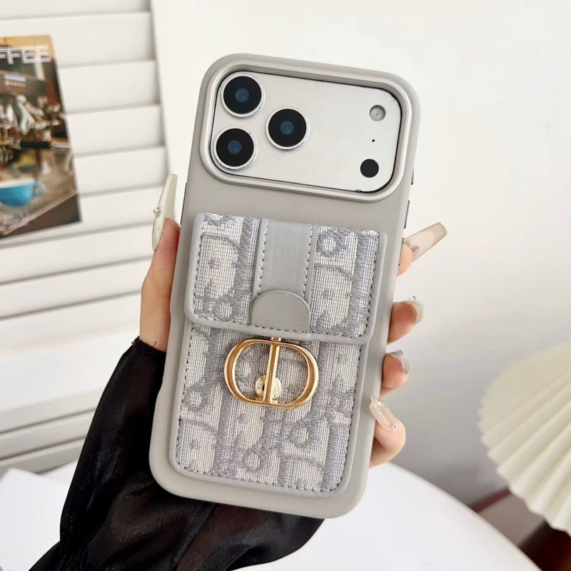 Dior-Style iPhone 17 Pro Max Leather Case with Chain, Leather