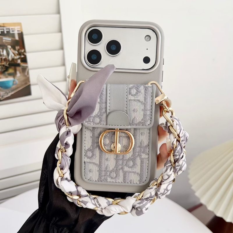 Dior-Style iPhone 17 Pro Max Leather Case with Chain, Leather