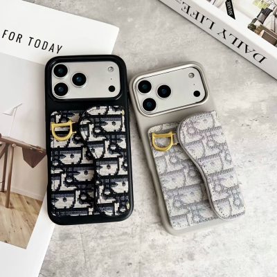 Dior-Style iPhone 17 Pro Max Leather Case with Card Holder Wallet – Magnetic Adsorption, Black & Gray Leather Cover