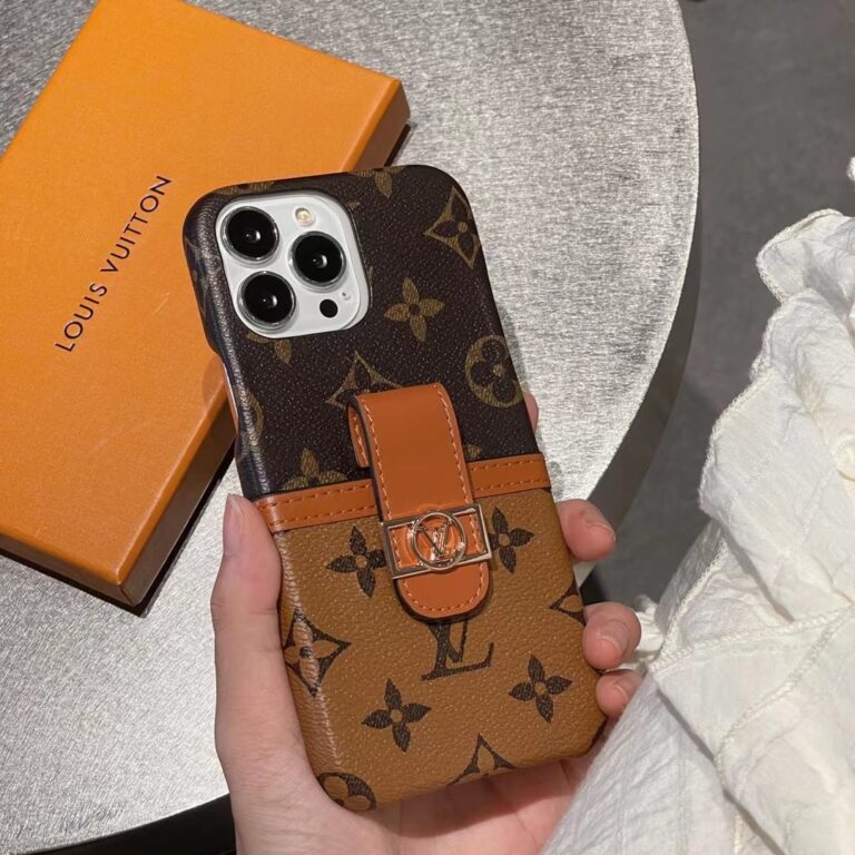 Louis Vuitton iPhone 15 14 Pro Max Leather Case With Stuff Holder