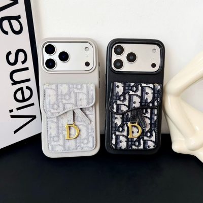 Dior-Style iPhone 17 Pro Max Leather Case with Card Holder Wallet – Magnetic Adsorption, Black & Gray