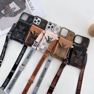 Louis-Vuitton iPhone 17 Pro Max 16 15 14 13 Leather Case With Card Holder and Shoulder Strap