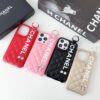 Pink Red-Chanel iPhone 15 14 Pro Max Leather Case with Strap Handle Finger Holder