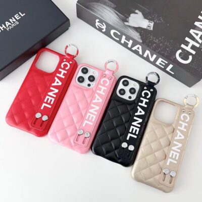 Pink Red-Chanel iPhone 15 14 Pro Max Leather Case with Strap Handle Finger Holder