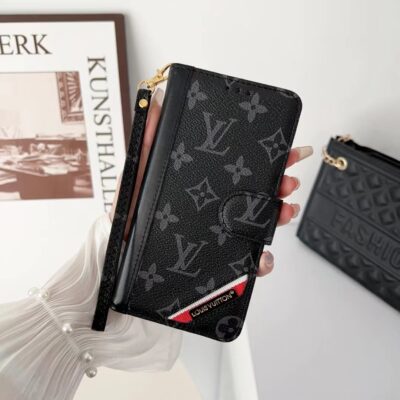 Black Louis-Vuitton iPhone 14 Pro Max Leather Case with Card Holder Wallet