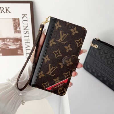Brown Louis-Vuitton iPhone 14 Pro Max Leather Phone Case Wallet Card Holder