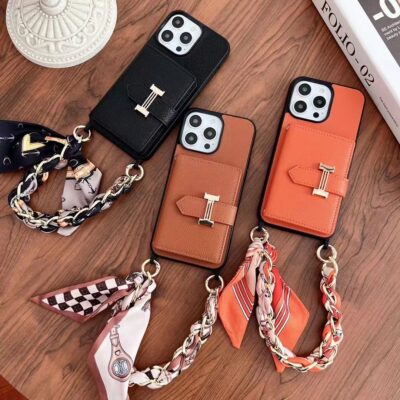 Hermes iPhone 16 Pro Max MagSafe Leather Case with Card Holder and Strap