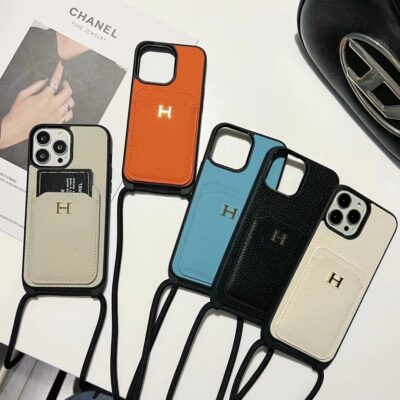 Hermes iPhone 15 16 Pro Max Leather Case With Card Holder and Strap