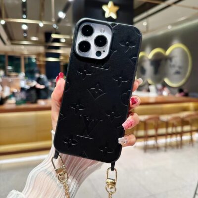 Black LV Leather Case For iPhone 15 16 Pro Max Case With Strap Chain
