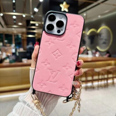 Pink LV Leather Case For iPhone 16 Pro Max 15 Pro Case With Strap Chain