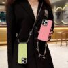 LV Case For iPhone 16 Pro Max 15 Pro Leather Case With Strap Chain