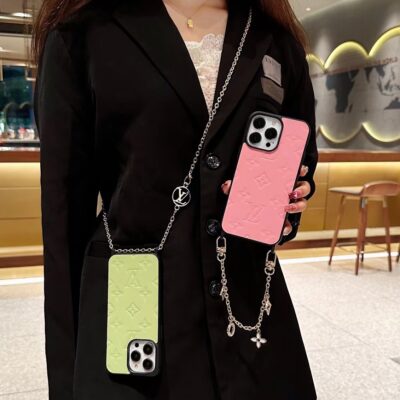 LV Case For iPhone 15 Pro Max 12 Pro Leather Case With Strap Chain