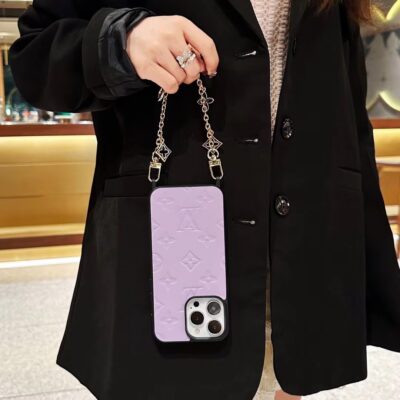 LV Leather Case For iPhone 16 Pro Max 15 Pro Case With Strap Chain