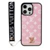 Pink LV iPhone 16 17 Pro Max Leather Case With Hand Strap