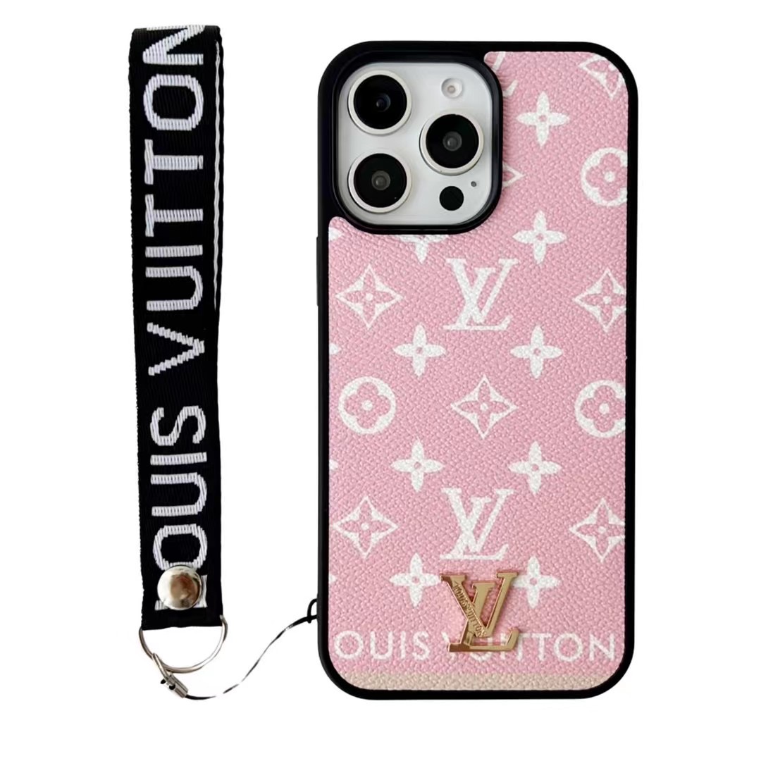 Pink LV iPhone 16 17 Pro Max Leather Case With Hand Strap |