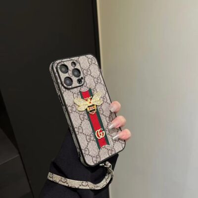 Gucci iPhone 15 16 Pro Max GG Bee Leather Case With Hand Holder