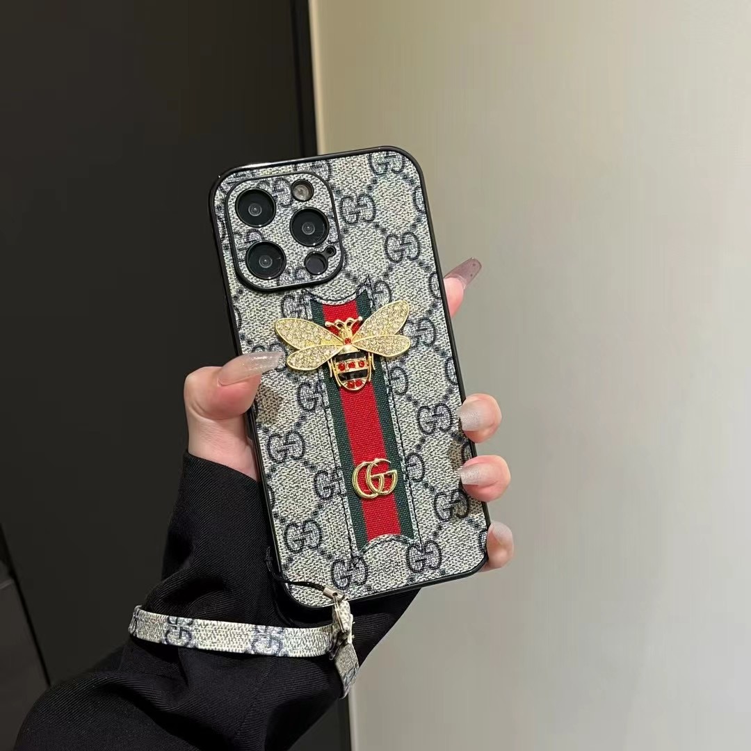 Gucci GG Bee Leather Case for iPhone 17 16 Pro Max With Hand Holder |