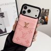 Pink Louis-Vuitton iPhone 17 Pro Max Leather Case with Card Holder Wallet LV Leather Cover
