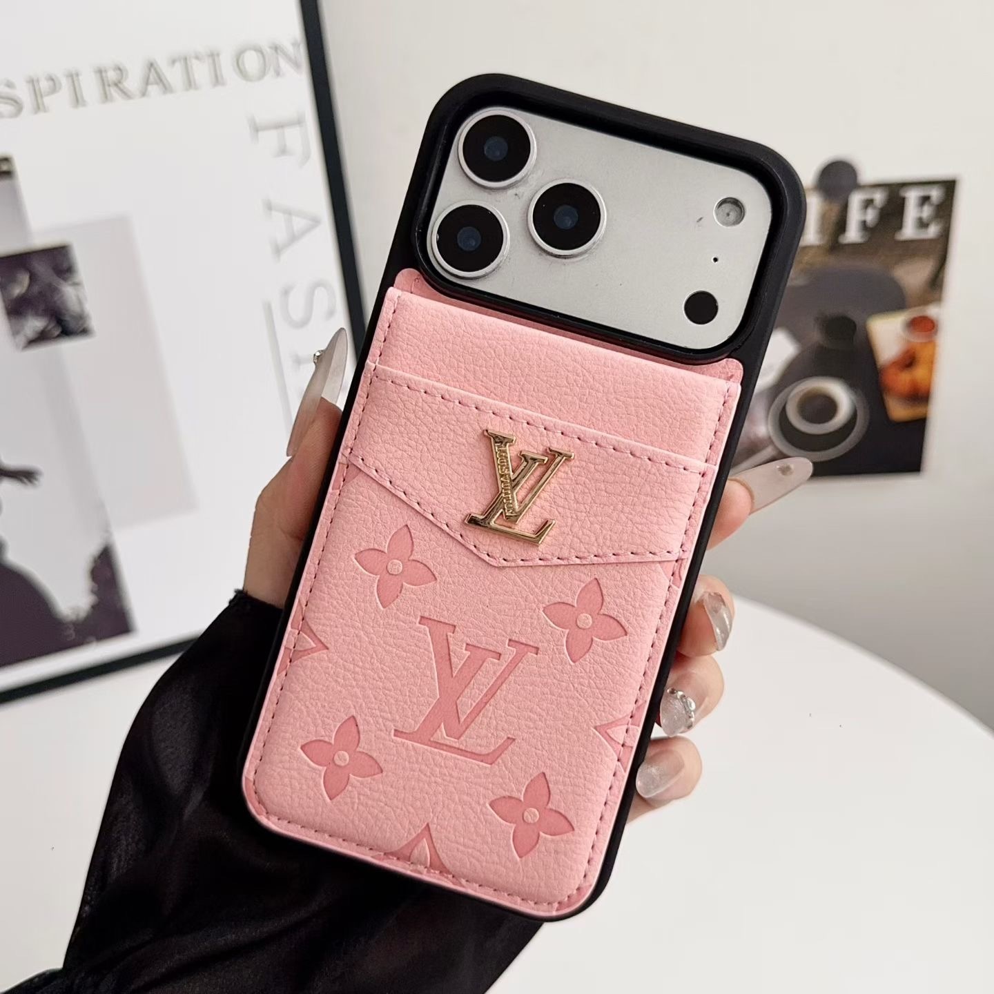 Pink Louis-Vuitton iPhone 17 Pro Max Leather Case with Card Holder