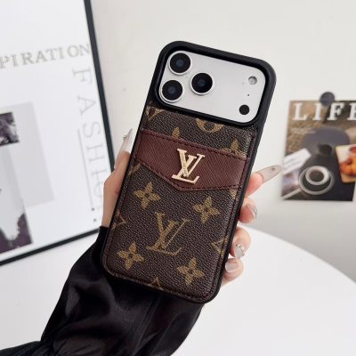 Louis-Vuitton iPhone 17 Pro Max Leather Case with Card Holder Wallet – Brown LV Leather Cover