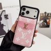 Pink LV Case For iPhone 17 Pro Max Leather Case With Card Holder Wallet