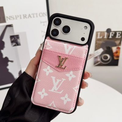 Louis-Vuitton iPhone 17 Pro Max Leather Case with Card Holder Wallet – Pink LV Leather Cover