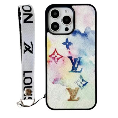 LV iPhone 15 16 17 Pro Max Leather Case With Hand Strap Holder