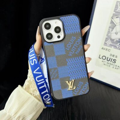 LV iPhone 16 Pro Max Leather Case With Hand Strap Holder