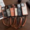 Celine iPhone 16 15 14 Pro Max Leather Case With Strap Holder