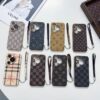 Louis Vuitton iPhone 17 16 Pro Max Leather Case with Hand Strap Holder – LV Designer Case Cover for iPhone 17, 16, 15 Pro Max