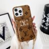 Louis Vuitton iPhone 16 15 Pro Max Leather Case With Card Holder Wallet and Long Metal Chain
