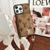 Louis Vuitton Case For iPhone 17 16 15 14 Pro Max With Leather Shoulder Strap Card Holder