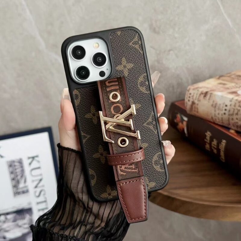 Louis Vuitton iPhone 16 Plus iPhone 15 Pro Max Leather Case with LV Belt Hand Strap