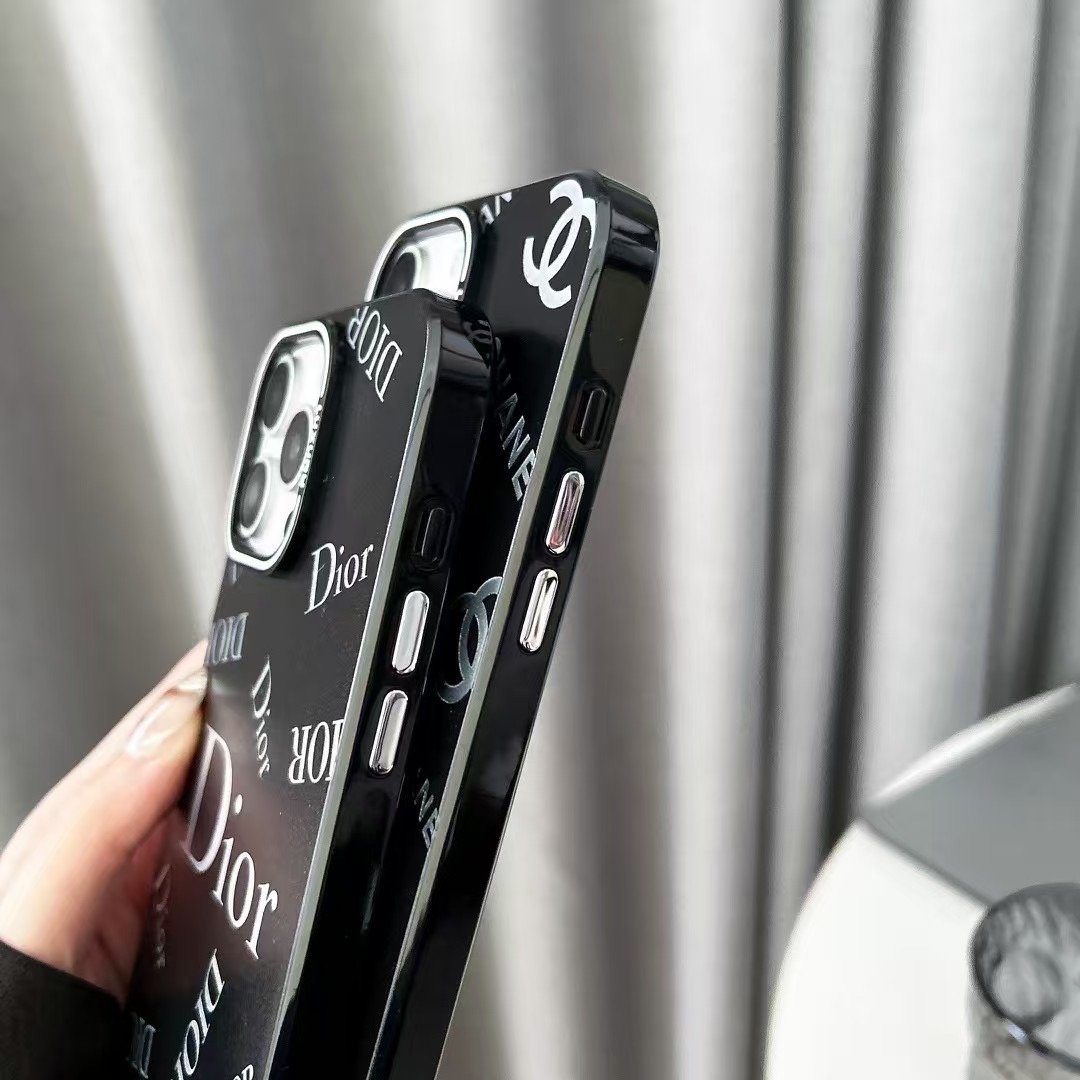DIORブラックiPhone15Proケース Chanel-Dior Case iphone 16 Pro Max Coque Black Cover for Plus 14