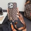 Louis-Vuitton For iPhone 17 Pro Max  16 Plus 15 14 Leather Case with Long Strap Card Holder Wallet Case