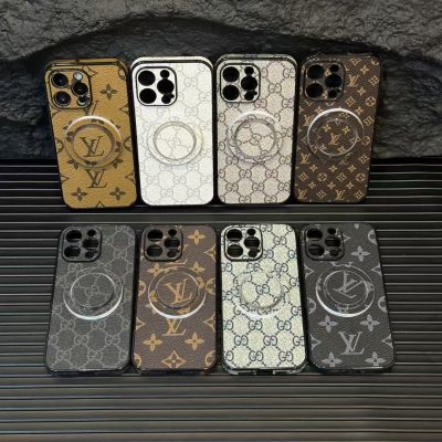 Louis Vuitton iPhone 15 Pro Max Leather Case with Magnatic Support LV Logo Luxury Designer Phone Cover for iPhone 16, 15, 14, and 13 Pro Max