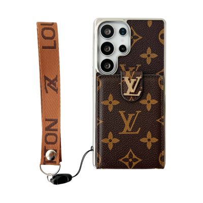 Louis-Vuitton Samsung Galaxy S25 Ultra Brown LV Leather Case with Handle Strap and Card Holder Wallet Phone Bag