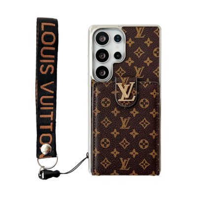 Louis-Vuitton Samsung Galaxy S25 Ultra Leather Case with Brown LV Handle Strap and Card Holder Wallet Phone Bag