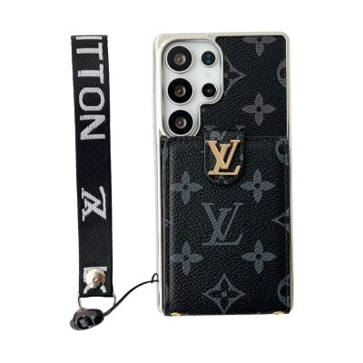 Louis-Vuitton Samsung Galaxy S25 Ultra BLack LV Leather Case with Handle Strap and Card Holder Wallet Phone Bag