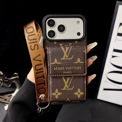 LV-Style iPhone 17 Pro Max Leather Case with Short Handle Strap and Card Holder Wallet – Brown Leather