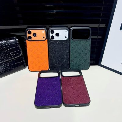 Louis-Vuitton iPhone 17 Pro Max Leather Case – Luxury LV Leather Phone Case – Black Red Blue Orange Leather Protective Cover