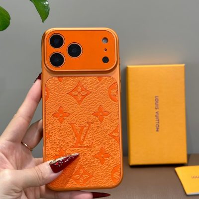 Louis-Vuitton iPhone 17 Pro Max Leather Case with Card Holder Wallet – Orange