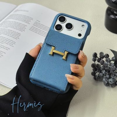Blue-Hermes iPhone 17 Pro Max Leather Case with Card Holder Wallet – Premium Leather