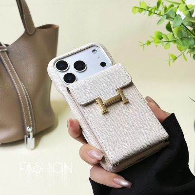 Kaki-Hermes iPhone 17 Pro Max Leather Case with Card Holder Wallet – Premium Leather