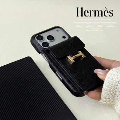 Black-Hermes iPhone 17 Pro Max Leather Case with Card Holder Wallet – Premium Black Leather