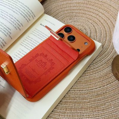 Orange-Hermes iPhone 17 Pro Max Leather Case with Card Holder Wallet – Premium Leather